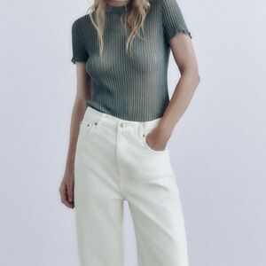 NWT Zara Short Sleeve Mid Olive Green Ribbed Top Woman’s Size Small